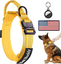 AUBELL Reflective Tactical Dog Collar,Adjustable Military Heavy Duty K9 Collars with Handle and Quick Release Metal Buckle Great for Large Dogs, with Airtag Case and 2 Patches (Yellow,L)