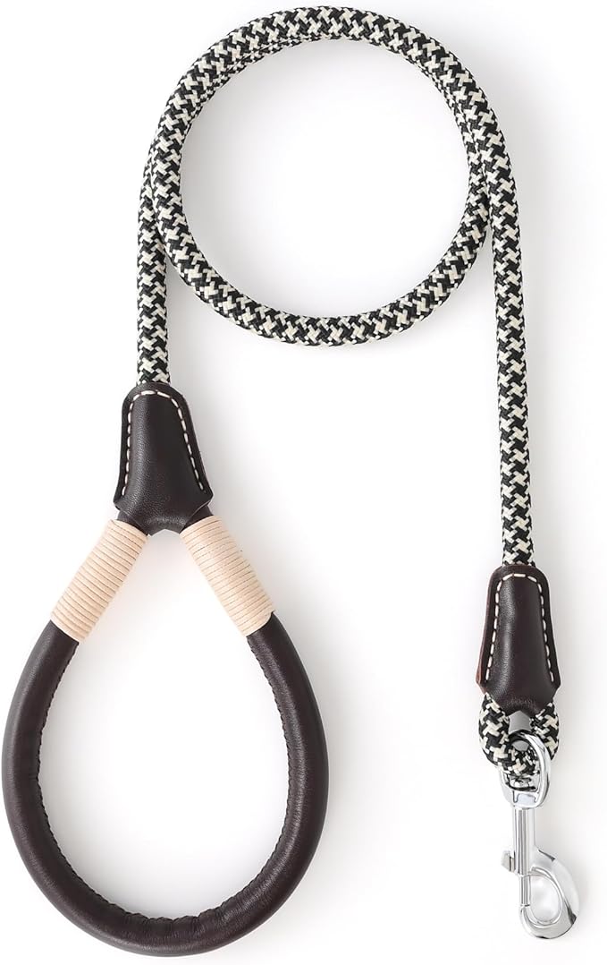 Mile High Life Genuine Leather Wrapped Handle Dog Leash, w Heavy Duty Clasp Rope Leash for Small Medium Large Dogs (Black Khaki, 6FT)