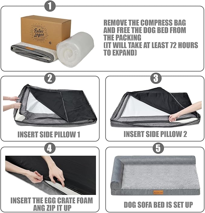 Patas Lague Orthopedic XL Dog Bed Large Sized Dog 42''X28'', Waterproof L Bolster Big Large Pet Sofa Beds with Removable Washable Cover, Soft Comfortable Pet Couch Crate Mat with Nonskid Bottom, Brown