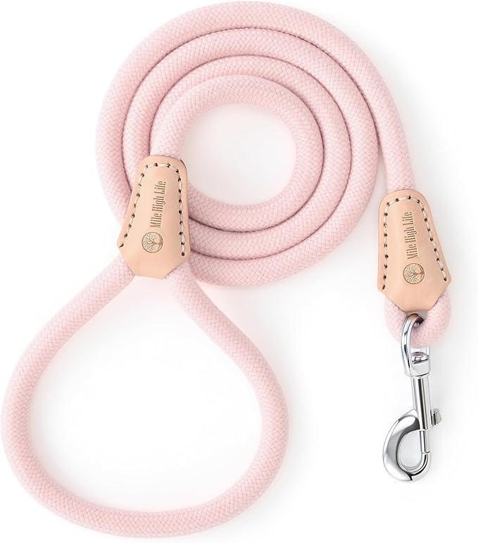 Mile High Life Dog Leash, Rope Leash with Genuine Leather Connection and Heavy Duty Metal Clasp, Great for Small Medium Large Dogs(Pink,72 Inch)