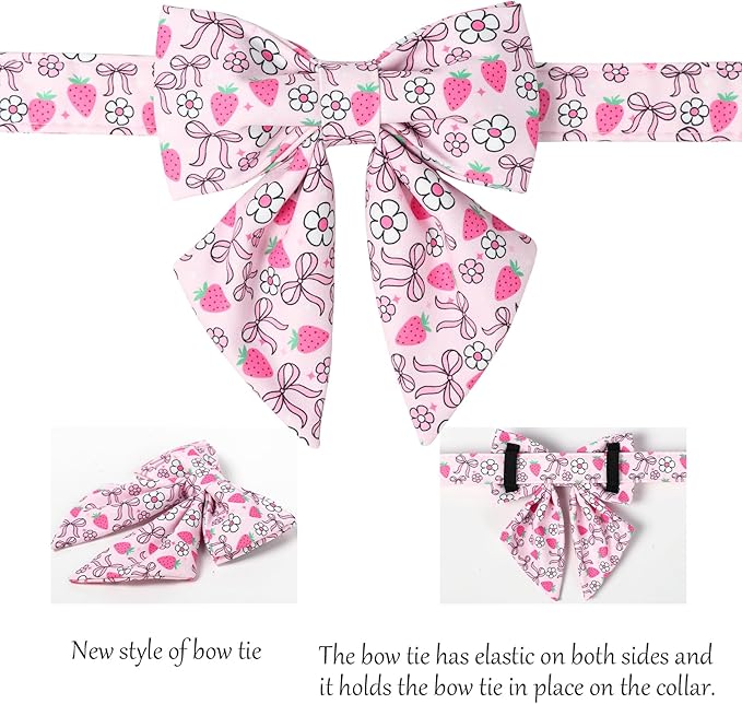Lionet Paws Strawberry Floral Dog Collar with Sailor Bow, Spring Pink Bow Dog Collars Bow Tie for Puppies, XS, Neck 8-12 inches