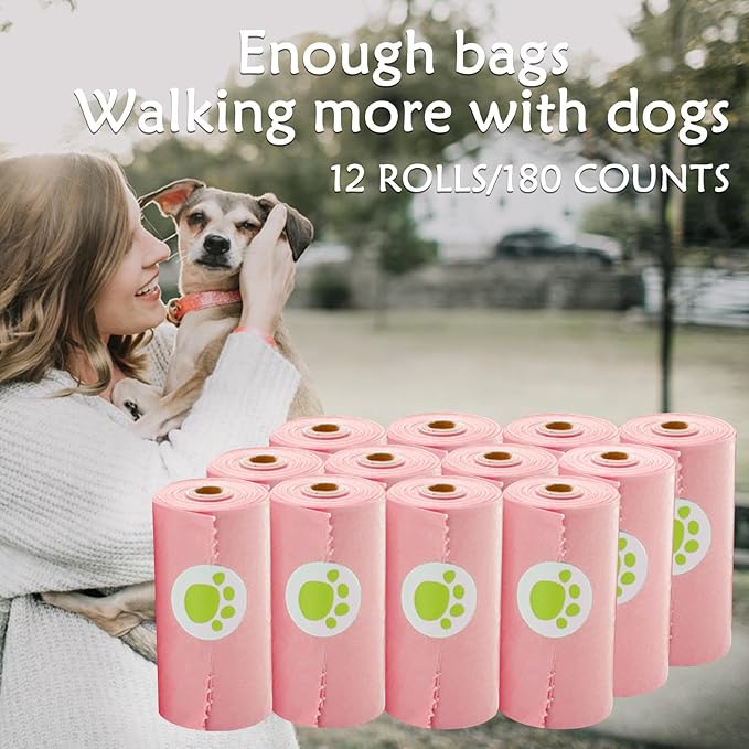 Dog Poop Bags Holder with LED Flashlight|Pet Waste Bags Dispenser for Leash|Doggie Potty Bags Container with Leak-proof Pet Trash Bags and Accessories (Pink)