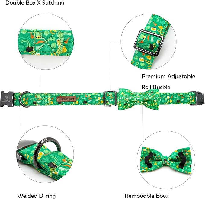 Lionheart Glory St. Patrick's Day Dog Collar for X-Small Dogs - Adjustable Green With Lucky Clover Shamrock and Bowtie