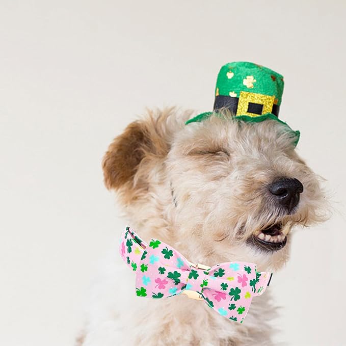 Elegant little tail St Patrick's Dog Collar, Lucky Colver Cotton Shamrock Pet Collar Trefoil Puppy Collar Bow Holiday Adjustable Cotton Pet Collar with Bow for Small Medium Large Dogs