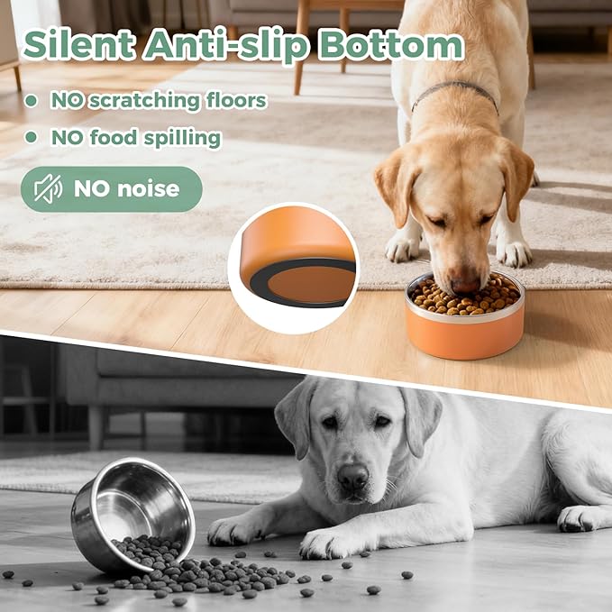 LIHONG Stainless Steel Dog Bowls for Large Dogs,Dog Food Water Bowls with Non Slip Rubber Bottom,Pet Feeding Bowl,Double Wall Insulated,Rustproof(64oz,Orange)