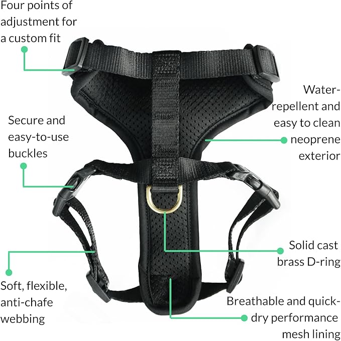 DJANGO Adventure Dog Harness - Stylish and Comfortable Large Dog Harness for Outdoor Adventures and Everyday Wear - Black Neoprene Adjustable Harness for Dogs with Reflective Piping and Brass D-Ring
