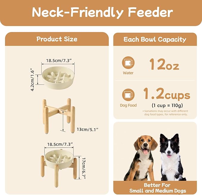 Ceramic 1.2 Cup Dog Raised Slow Feeder Set, Elevated Bowl with Wooden Stand for Medium and Small Dog, 7.3inch Slow Feeder Dish for Fast Easters (Beige, Single Bowl+ Stand)
