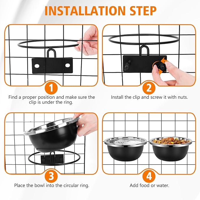 Dog Kennel Bowls, Set of 2 Heavy Duty Metal Food and Water Bowl for Feeding Dogs and Cats, Removable Stainless Steel Hanging Dog Bowls for Kennel Large and Medium Dogs, 56oz