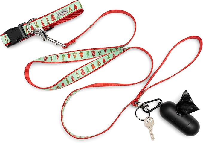 THE WORTHY DOG Adjustable Holiday Dog Collar for Small Dogs, Durable Nylon Webbing, Quick Release Buckle, Holiday Trees Christmas Pattern, Green, X-Small
