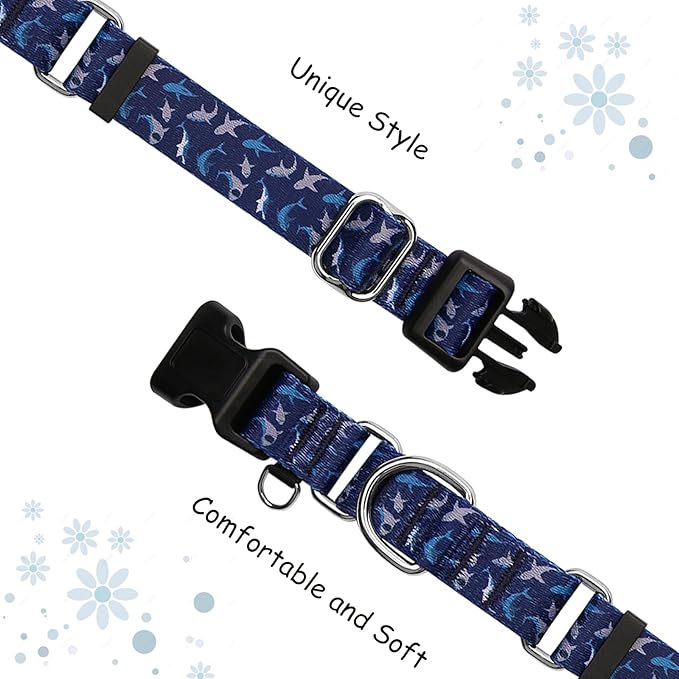 Martingale Collar for Dogs with Buckle Shark Dog Collar Adjustable Soft Nylon Boy Dog Collars for Extra Large Dogs, Deep Blue Shark