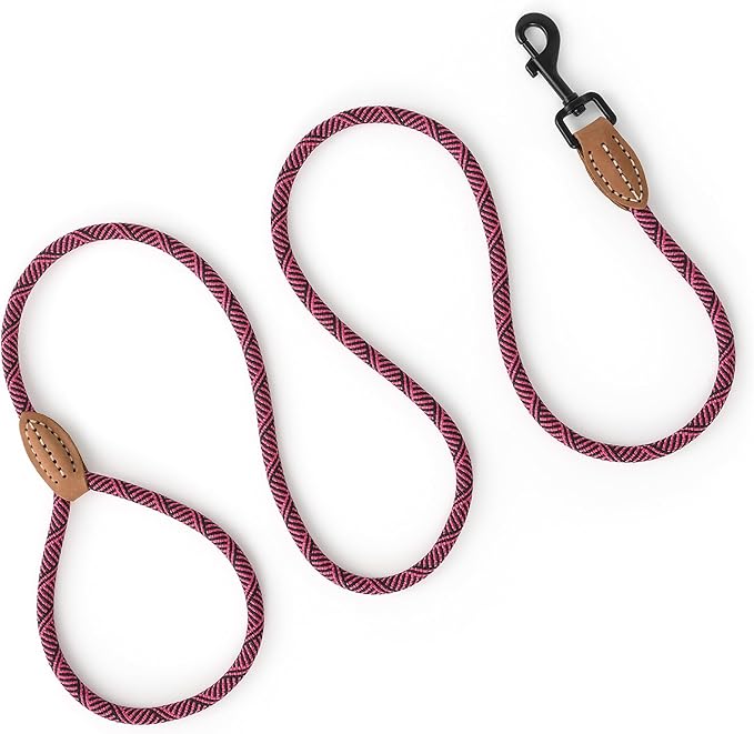 Mile High Life Small Dog Leash, Thin Rope Leash with Genuine Leather Connection and Heavy Duty Metal Clasp, Great for Small Medium Dogs(Pink,60 Inch-1/3)