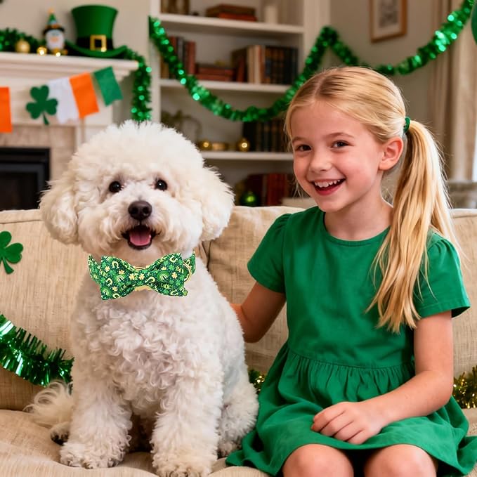DOGWONG St. Patrick's Day Dog Collar with Bow Tie- Lucky Shamrock Bowtie Collar for Girl Boy Dog, Trefoil Dogs Collars Durable Adjustable, S