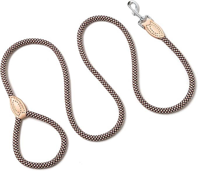 Mile High Life Rope Leash with Genuine Leather Connection, 6 FT/5 FT/4 FT, Heavy Duty Leash for Small Medium & Large Dogs(Brown,72 Inch)