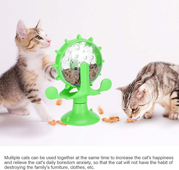 GLOGLOW Cat Food Leakage Toy, Windmill Treat Dispensing Cat Puzzle Food Interactive Toy Kitten Slow Feeder Snacks Distribution with Powerful Suction Cup(Green)