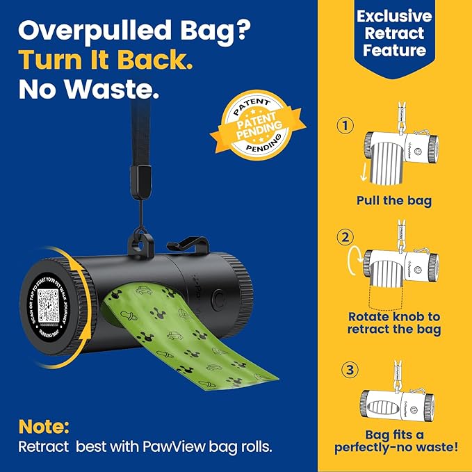 Dog Poop Bag Holder with 4 Modes Flashlight Rechargeable, Smart Dispenser with Used Bags Hook & Retractable Bags Design, Dog Walking Accessory with Carabiner Clip Fits Any Leash (60 Bags Included)