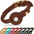 OOPSDOGGY Rolled Leather Dog Collar with Airtag Holder - Reflective Round Airtag Dog Collar - Soft Tracking Pet Collar for Small Dogs Puppy Cats Kitten (Brown, XL, 17"-21")