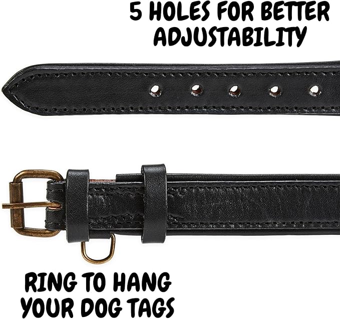 Real Leather Dog Collar Padded Soft Interiors with Premium Vintage Look Handcrafted Heavy Duty with Tag Ring for Small Medium and Large Pets (Small (1" Wide for 10.75" - 13.75" Neck), Black)