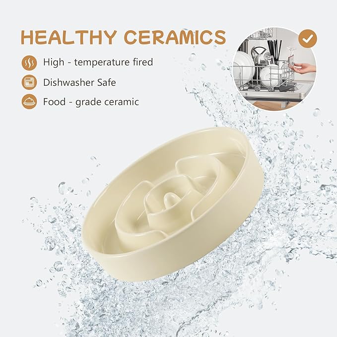 Ceramic 0.9 Cup Raised Slow Feeder Dog Bowl Set, Elevated 6.1inch Water Bowl and 6.1inch Slow Dish with Wooden Stand for Small Dogs (2 x Beige+ Stand)