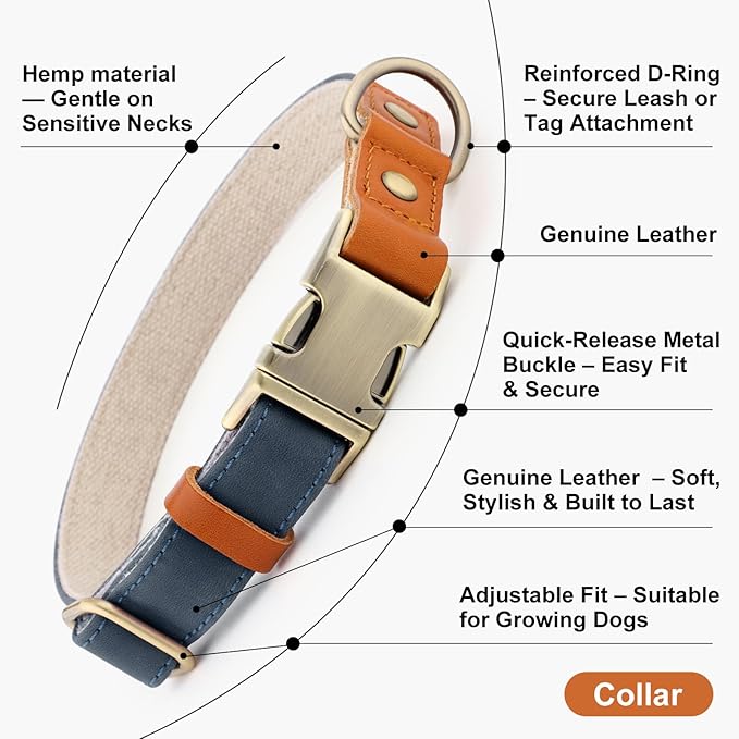 Plutus Pet Genuine Leather & Hemp Dog Collar – Adjustable Heavy Duty Pet Collar with Quick Release Metal Buckle, Soft & Stylish for Puppy and Small, Medium, Large Dogs (Blue, XS)