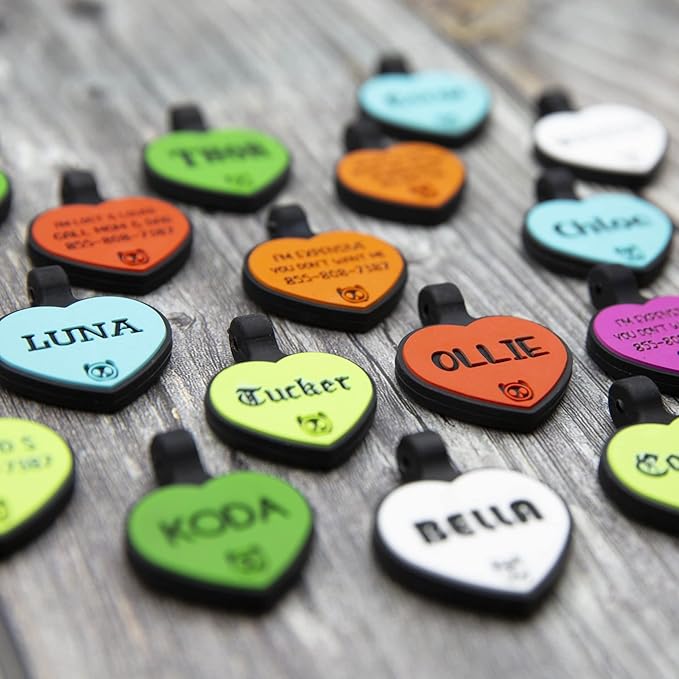 Silicone Silent Dog Tag Personalized with 5 Lines of Custom Deep Engraved Durable Soundless Pet ID Name Tag Heart Red