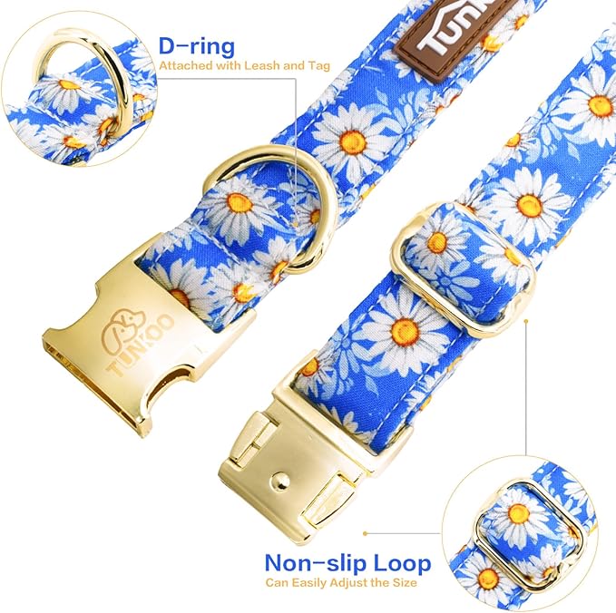 Tunkoo Blue Daisy Dog Collar with Cute Flower Bow Tie, Adjustable Premium Cotton Collar Durable Metal Buckle for Small Medium Large Boys Girls Dogs, M