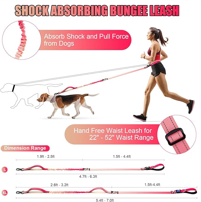 Heavy Duty Hands Free Dog Leash, 4-6 FT Reflective Adjustable Waist Dog Leash Belt with Padded Handles, Shock Absorbing Bungee and Car Seat Belt for Large Medium Dogs (Gradient Rose, L)