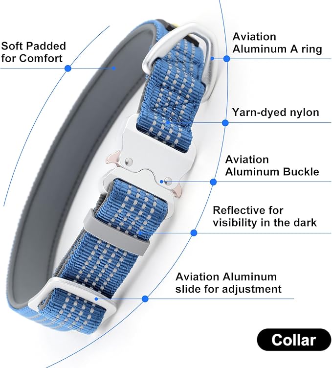 Plutus Pet Reflective Dog Collar with Aviation Aluminum Buckle, Neoprene Padded for Comfort, Lightweight, Heavy Duty Nylon Collar for Puppy Small Medium Large Dogs (Blue, S)