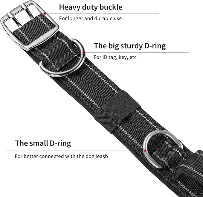Annchwool Tactical Dog Collar for Medium and Large Dog,Adjustable Military Dog Collar with Soft Padded Handle,Heavy Duty Double Buckle Design(Black,L)