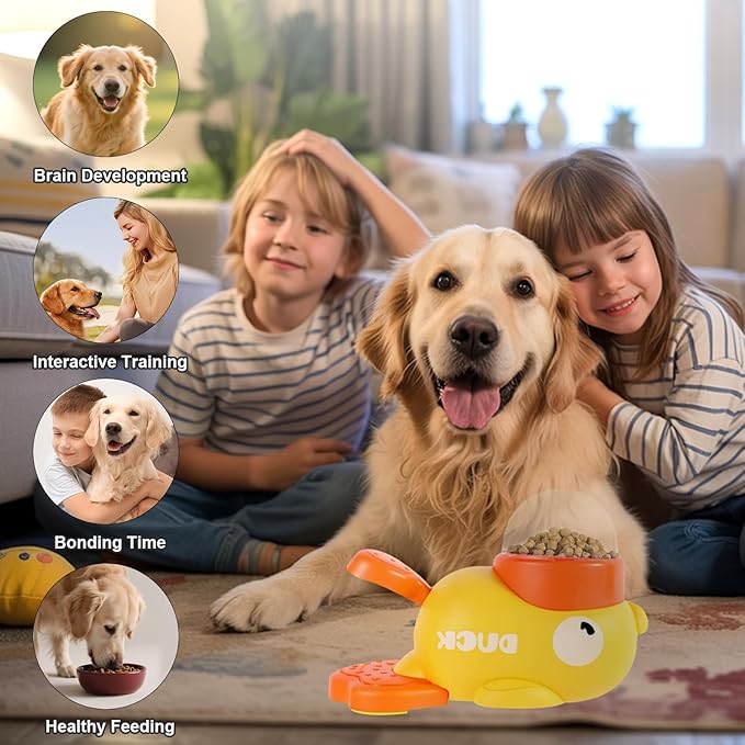 2-in-1 Dog Interactive Treat Dispenser Toy - Durable Food Puzzle Slow Feeder, Duck Shape Enrichment Toys with Button, Mentally Stimulating Toys for Dogs/Cats/Pets
