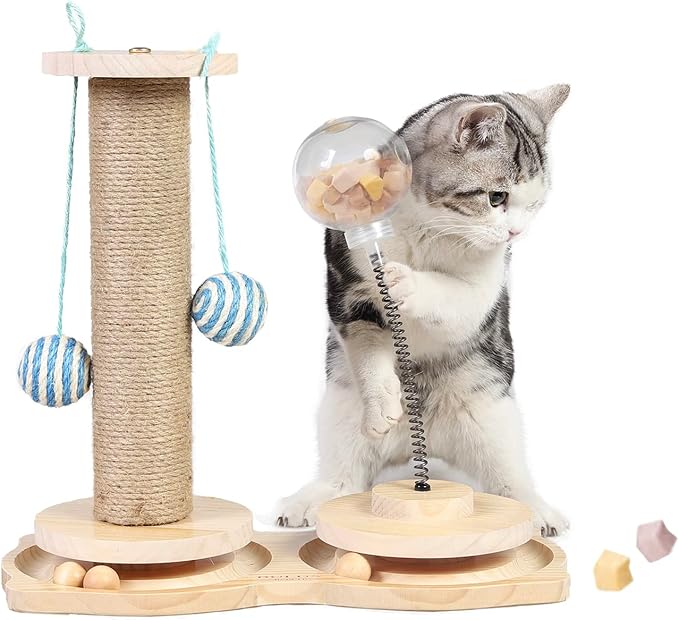 Marchul 4 in1 Interactive Cat Toy, Natural Sisal Cat Scratching Post with Hanging Balls, Cat Toys with Roller Track Ball by Wooden, Cat Food Feeder Toy with Treat Ball for Indoor Cats and Kittens