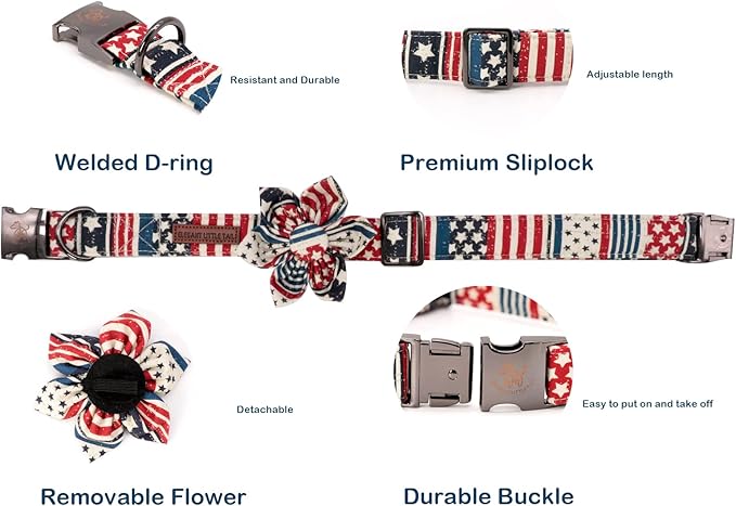 Elegant little tail US Flag Dog Collar, Cute Detachable Dog Collar with Flower, Gift Pet Collar Adjustable Dog Collar for Large Dogs