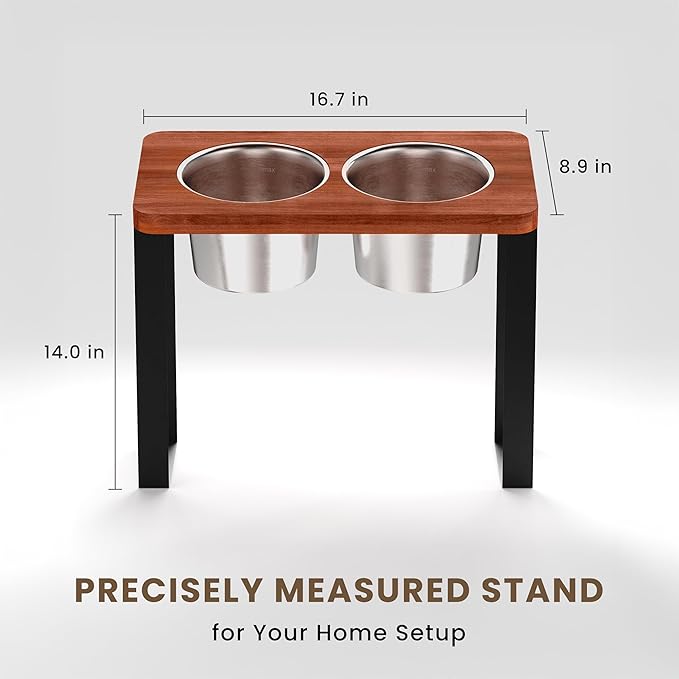 14" Tall Elevated Dog Bowls - Ergonomic Stainless Steel Dog Bowls with 10° Tilt in Acacia Wood Stand for Tall & Large Breed