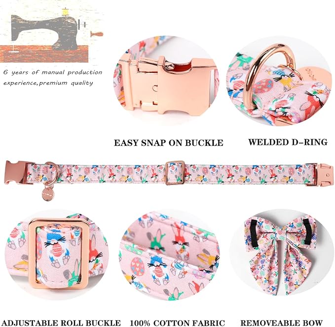 DOGWONG Easter Day Dog Collar-Cute Rabbit Easter Dog Collar with Bow, Cotton Eggs Dog Collars with Metal Buckle for Small Medium Large Dogs