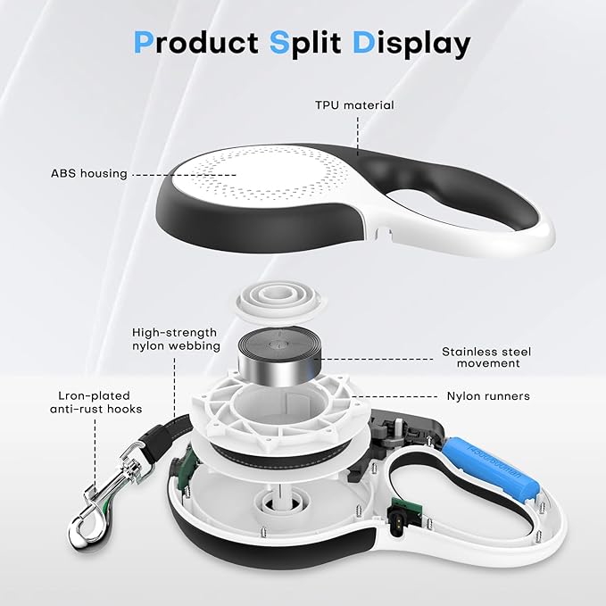 Retractable dog leash with chew-proof cord and LED flashlight, 16-ft heavy-duty dog leash, suitable for Small/medium dogs weighing up to 110 pounds, reflective rope, 360° anti-tangling.(Blue+16ft+LED)