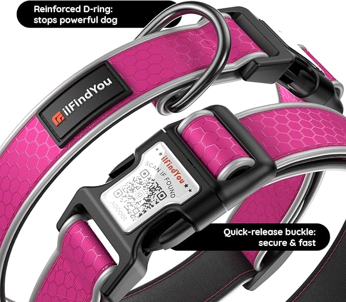 Reflective Dog Collar with QR Code Tag, Personalized Dog Collar, Safety Night Visibility, Anti-Loss Function (Rose Red-02, Small)