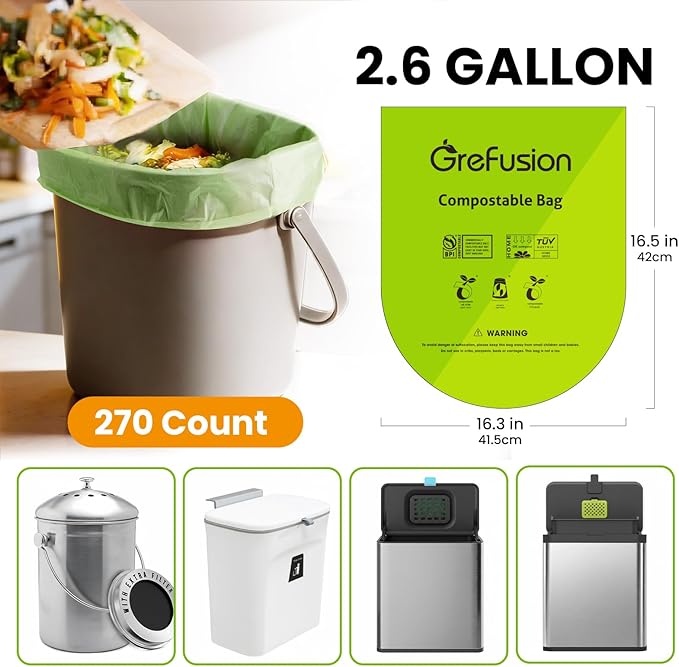 GreFusion Compostable Trash Bags, Small 2.6 Gallon, 270 Count, 0.72 Mils Thick, Eco Friendly, ASTM D6400 & BPI Certified, Composts Food Scraps, No Leaks