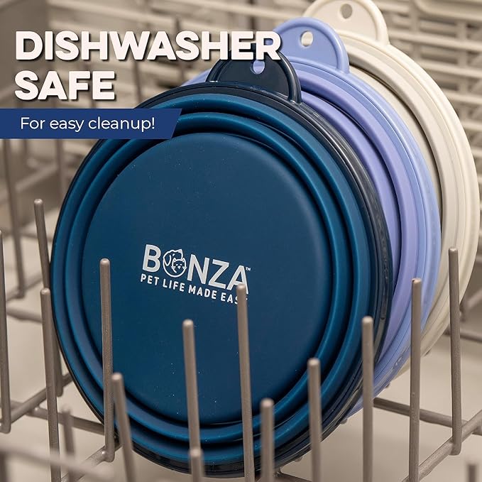 Bonza Collapsible Dog Bowls - 2 Pack, Small 12 oz, Dog Travel Accessories, Silicone Portable Dogs Bowl & Water Dish with Reinforced Rim & Carabiner for Hiking, Camping, and Car Trips, Navy Blue