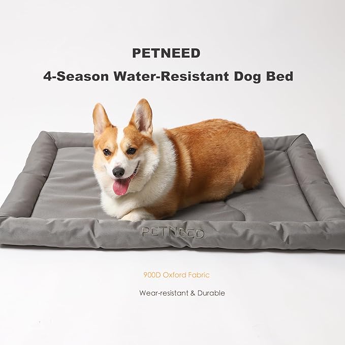 4-Season Water-Resistant Dog Beds for Metal Crates, Indoor & Outdoor Use for Dogs up to 40 lbs, Durable Oxford 900D Fabric, Plush Pillow & Supportive Foam, Washable (34 inches, Grey)