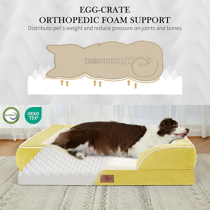 Comfort Expression Orthopedic Dog Bed for Large Dogs 36x27 Inch, Waterproof Egg Crate Foam Large Pet Bed with Removable Bolsters, Dog Couch with Washable Cover & Non-Slip Bottom, Spicy Mustard