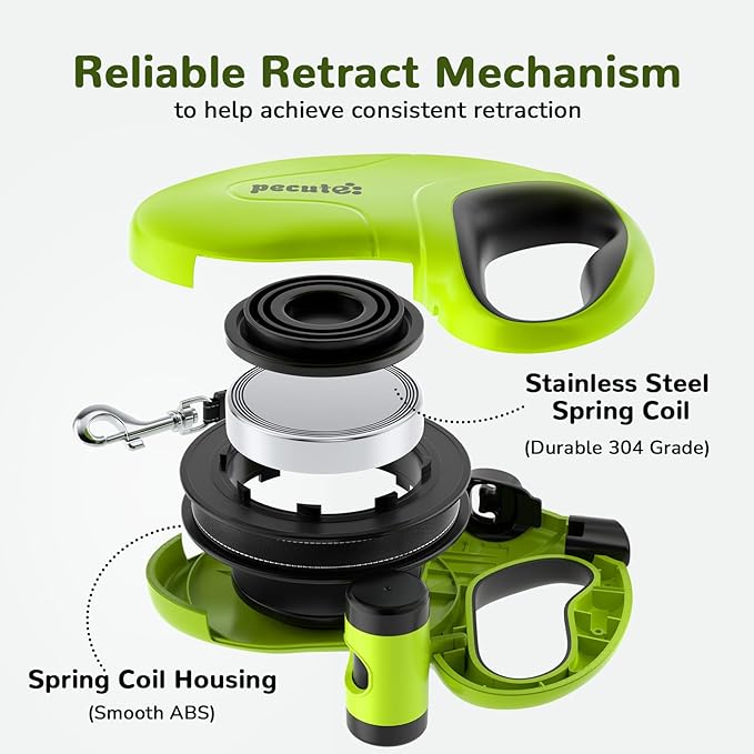 Pecute 26ft Retractable Dog Leash with Reflective Strips, 360° Tangle-Free, One-Button Control & Sturdiness Nylon Material, Long Leash Retractable with Poop Bag Holder for Medium Large Dog
