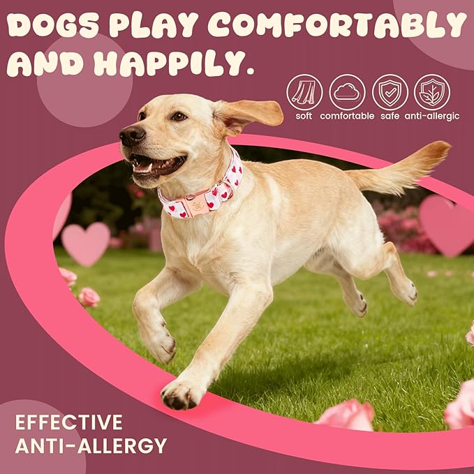 Elegant little tail Valentine's Dog Collar - Pink Plaid Red Heart Dog Collars Bowtie Pet Collars with Sturdy Metal Buckle Cute Puppy Adjustable Collar for X-Large Dogs