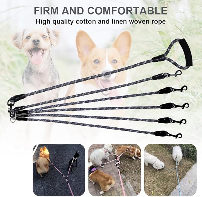 Dual Dog Leash 360° Tangle-Free - Reflective Heavy Duty, Comfortable Handle for Small/Medium/Large Dogs, Support Multiple Rope Addition (Black 1, Five Leashes)