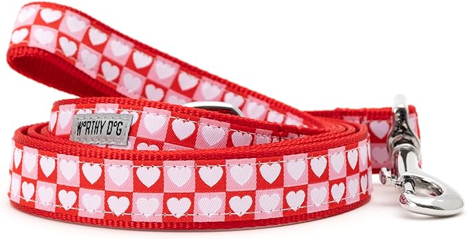 THE WORTHY DOG Adjustable Holiday Dog Collar for Small Dogs, Durable Nylon Webbing, Quick Release Buckle, Colorblock Hearts Valentine's Day Pattern, Pink & Red, Small