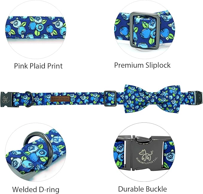 Elegant little tail Dog Collar- Cute Blueberry Dog Collar with Bow for Large Dogs, Male Adjustable Cotton Summer Pet Bow Holiday Puppy Collar for Small Medium Large Dogs