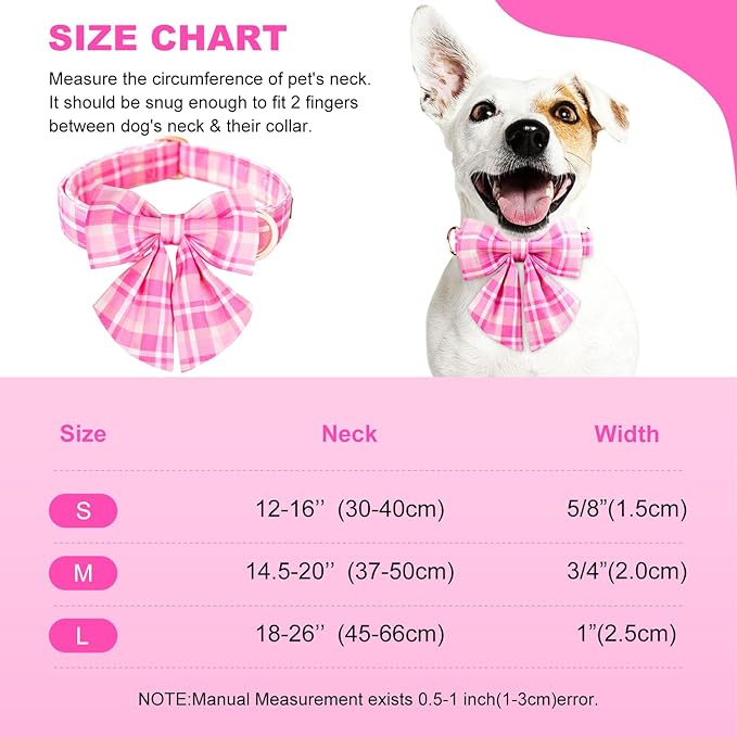 Tunkoo Elegant Pink Plaid Dog Collar with Bow Tie - Durable Adjustable and Stylish Cotton Pet Collar for Girls Small Medium Large, L