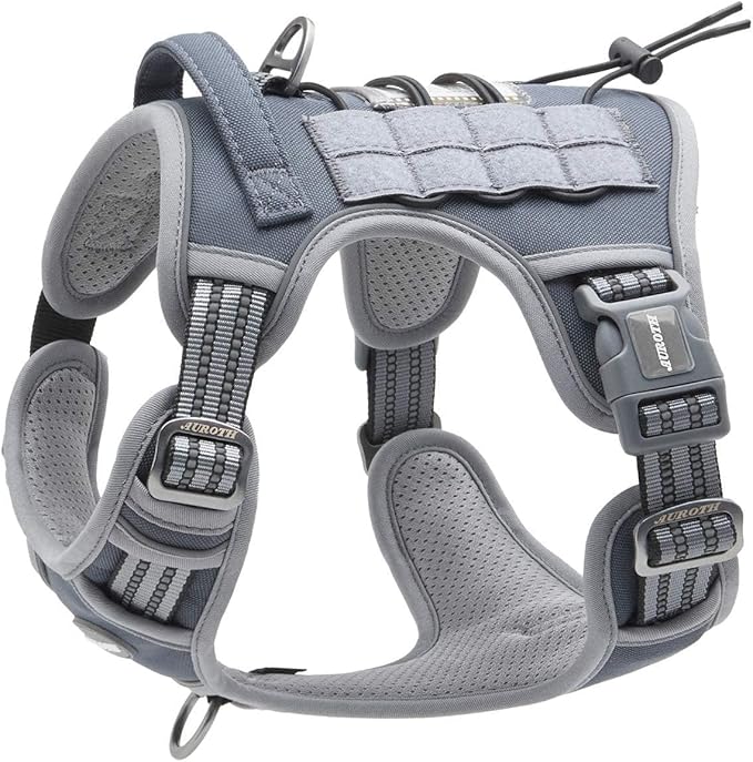 Auroth Tactical Dog Harness for Large Dogs No Pull Adjustable Pet Harness Reflective K9 Working Training Easy Control Pet Vest Military Service Dog Harnesses Grey L