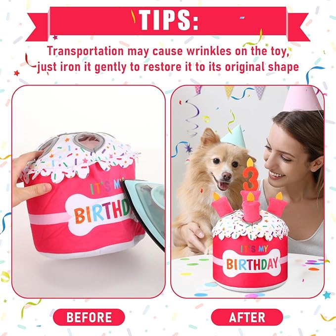 Dog 3rd Birthday Cake Toy Squeaky Interactive Dog Toy Hide and Seek Plush Dogs Puzzle Puppy Toys for Boredom Keep Them Busy for Small Medium Dogs(Pink)