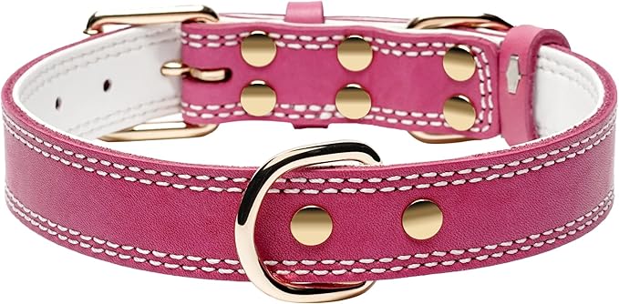 Genuine Leather Dog Collar, Heavy Duty Wide Dog Collar for Small, Medium,Large Dog and Extra Large Dog (S: 0.8" Wide for 13.4"-15.8" Neck, Dual Stitch - Pink)