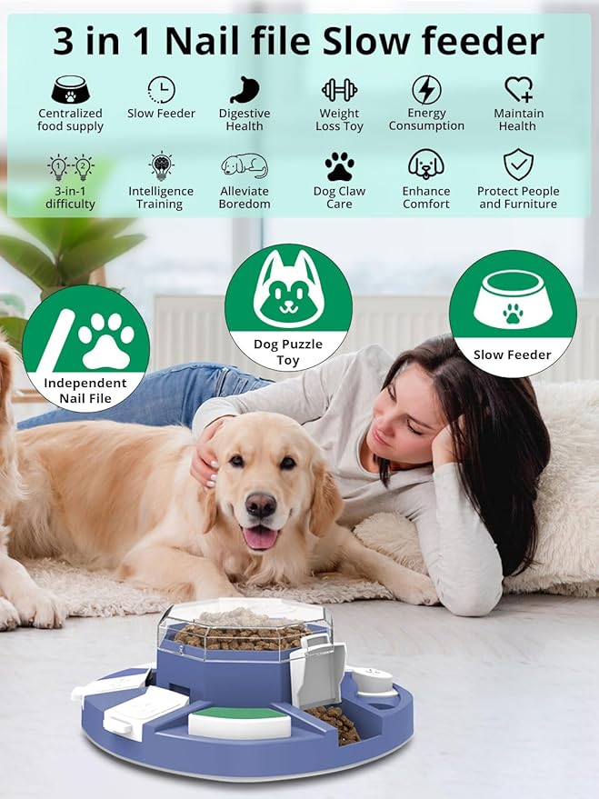 TBTeek Dog Puzzle Toys for Large Medium Small Dogs, 3-in-1 Interactive Dog Toys, Nail Grinder, IQ Puzzle & Slow Feeder - Interactive Treat Dispenser for Mental and Stimulation Boredom Relief(Blue)