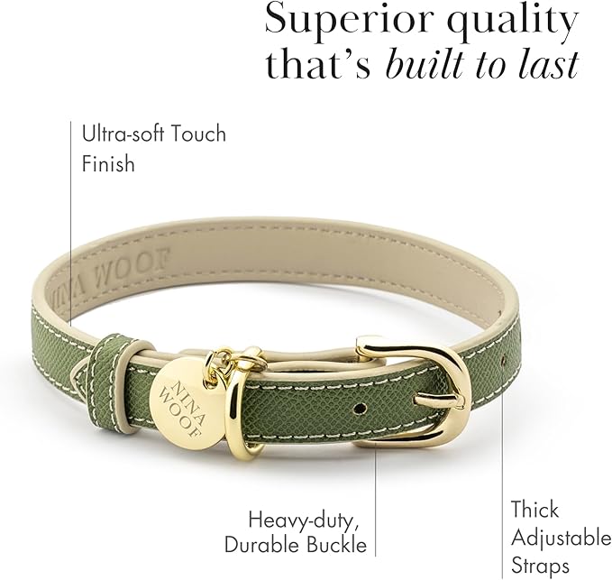 NINA WOOF Copenhagen Leather Dog Collar - Handmade with Vegan Soft Leather Round Padded Collar with Adjustable Buckle for Dogs - Color Olive, Medium